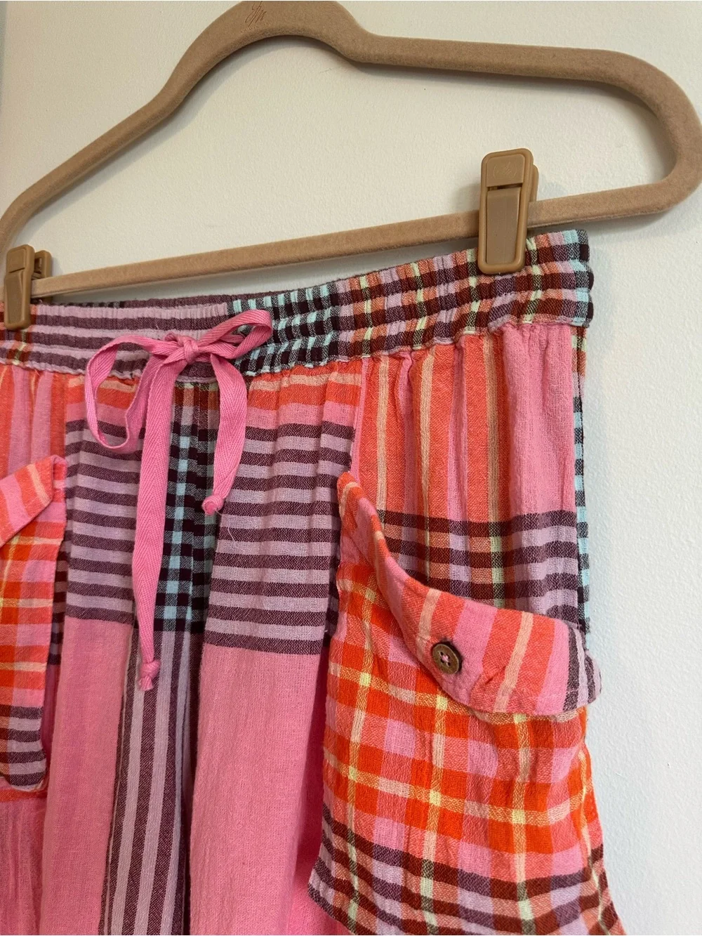 Free People Crafted Plaid Cargo Pants Pink Combo Womens Small NEW Cotton
